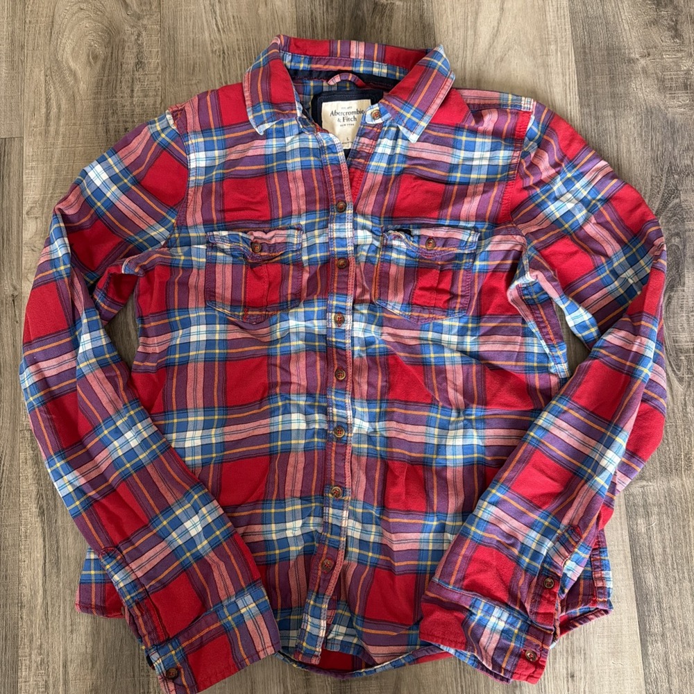 Y2K Abercrombie & Fitch Button-Up Womens Red Blue Plaid Flannel Shirt L